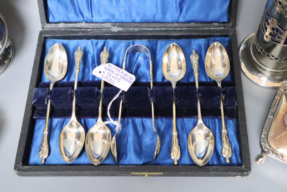 Silver plated ware including chafing dish, sugar caster, Apostle spoons with tongs, etc.